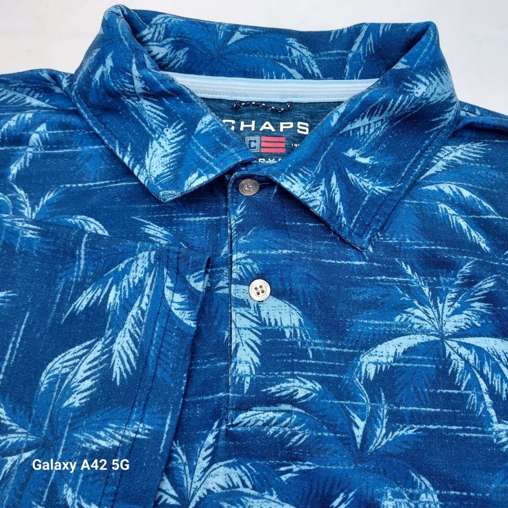 Chaps Everyday Performance Polo Shirt Mens XL Blue Tropical Palm Tree CM15PL550W